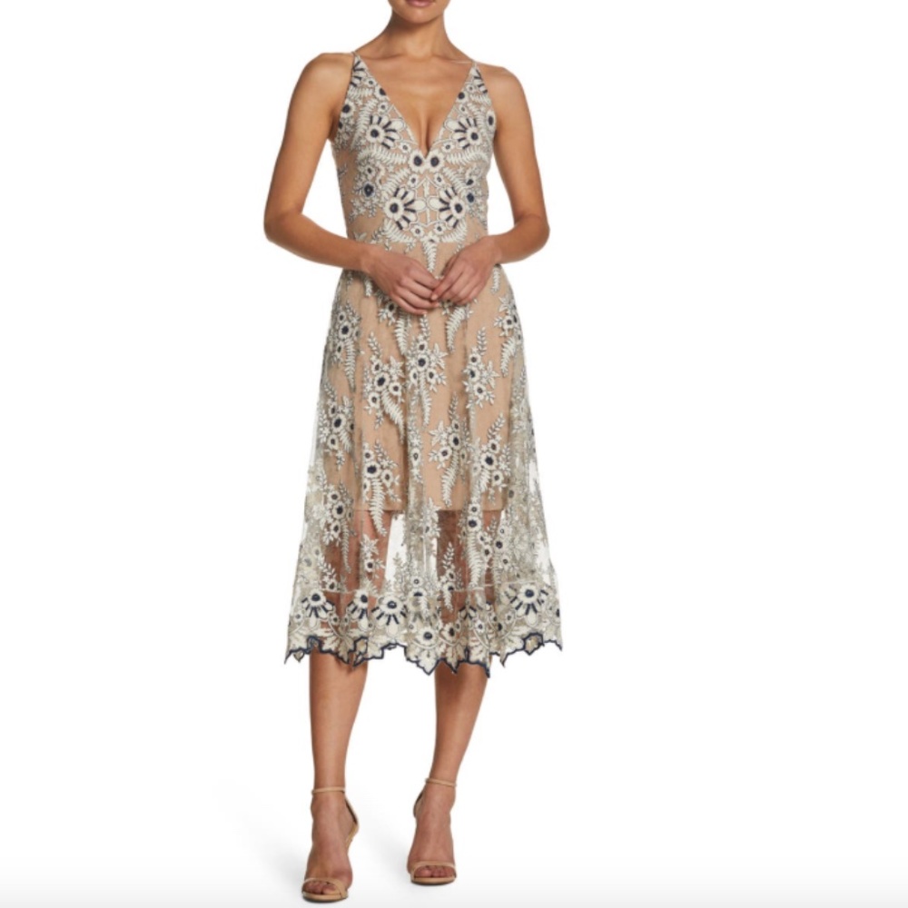 Dress the Population Audrey Embroidered Midi Dress in Ivory and Navy